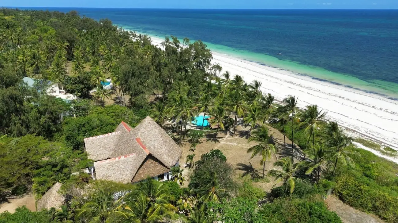 Aerial view of Enkare Bofa among palms beside Bofa Beach