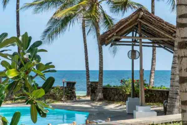 Pool beside a thatched gazebo with the ocean behind