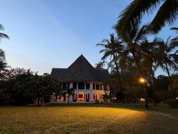 The villa and its lawn at dusk under tall palms